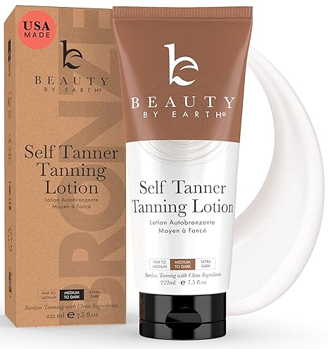 Beauty Self Tanner - USA Made with Natural & Organic Ingredients, Moisturizing Self Tanning Lotion with Aloe Vera & Coconut for a Natural Glow, Streak-Free Fake Tan, Medium to Dark