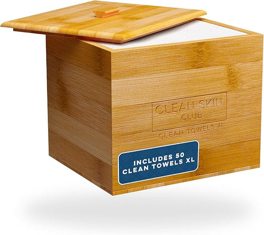 CLEAN SKIN CLUB Luxe Bamboo Box with Cover & Towels XL, USDA Certified 100‪%‬ Biobased Dermatologist Approved Face Towel, Disposable Makeup Remover Dry Wipes, Facial Wash